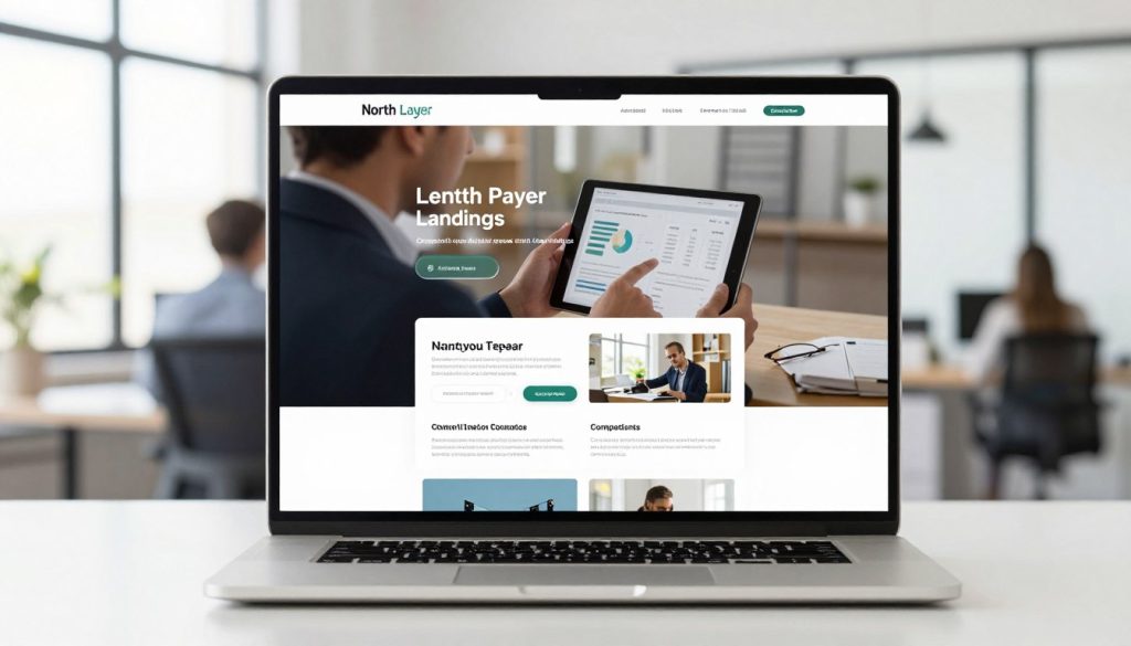 A conversion-driven landing page designed for digital marketing, showcasing a clean and modern layout. In the foreground, incorporate a sleek laptop displaying a captivating landing page with compelling copy and striking visuals, positioned on a minimalist desk. The middle layer features a professional business person dressed in smart attire, intently analyzing the page's analytics on a tablet. The background includes a bright and airy office space with large windows allowing natural light to flood in, creating an inviting atmosphere. The mood conveys focus and creativity, emphasizing the importance of persuasive content. The branding "North Layer" is subtly integrated into the design elements of the landing page, showcasing brand identity without overpowering the overall composition.