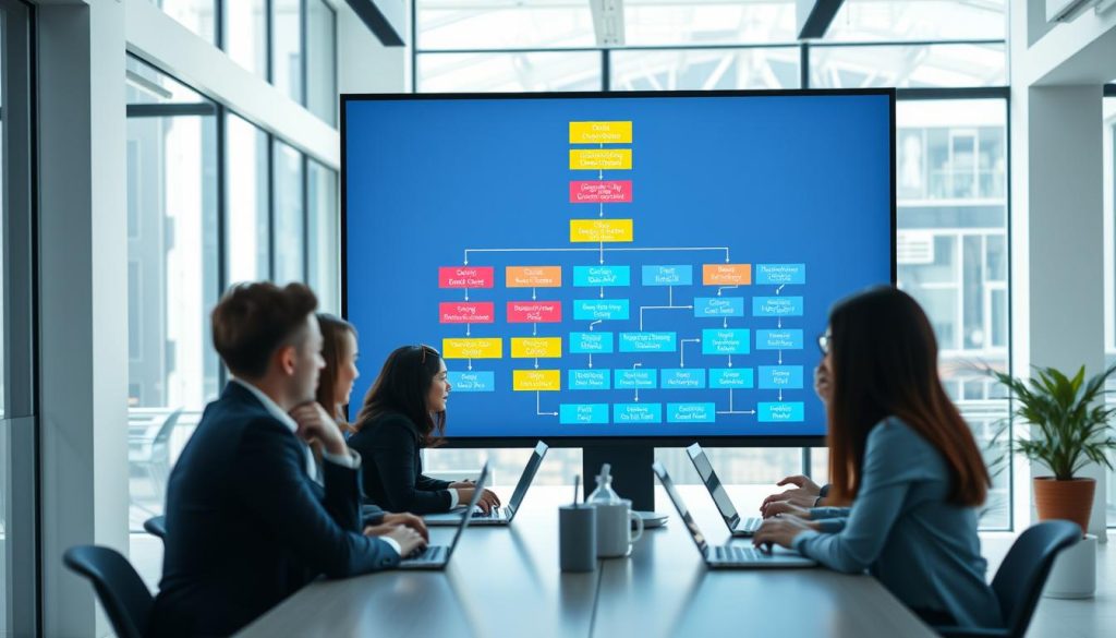 A detailed and organized site structure diagram set against a clean, modern office background. In the foreground, a large digital screen displays an intricate flowchart representing hierarchical website organization, using bold colors and clear, distinct icons to symbolize categories and subcategories. In the middle ground, a professional team of diverse individuals, dressed in business attire, collaborates around a conference table with laptops open, discussing the diagram. The background features a bright, well-lit room with large windows, allowing natural light to flood in, creating an atmosphere of productivity and concentration. The angle is slightly elevated to capture both the screen and the engaged team, emphasizing the importance of effective site organization for improved user experience and SEO. The overall mood is focused and innovative, highlighting the necessity of strategic planning in website structures.