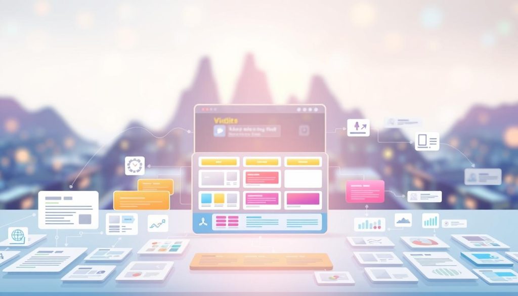 A detailed illustration of website structure using a modern, visually appealing diagram. In the foreground, various content elements like articles, images, and videos are represented as distinct blocks, each connected with lines indicating navigation paths. The middle ground features a layered grid layout, showcasing different website models such as hierarchical, sequential, and matrix structures in colorful, organized formats. In the background, a blurred silhouette of a digital landscape, evoking a sense of cyberspace, enhances the tech-focused atmosphere. Soft, ambient lighting brightens the scene to create an inviting and professional mood. The perspective should be slightly elevated, resembling a bird's-eye view, ideal for illustrating web structures without any text or branding present.