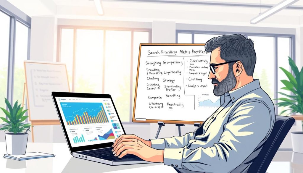 A digital illustration depicting a small business owner in a modern office setting, carefully analyzing search visibility metrics on a sleek laptop. The foreground features the owner, a middle-aged man in a smart casual outfit, focusing intently on colorful graphs and charts displayed on the screen, symbolizing the importance of brand protection against misinformation. In the middle ground, a whiteboard filled with strategy notes and keywords related to AI search platforms like ChatGPT and Claude. The background shows a bright, well-lit office with large windows, allowing natural light to filter in, creating a vibrant and optimistic atmosphere. The composition should convey a sense of determination and proactive strategy, emphasizing the impact of accurate branding in the digital age.