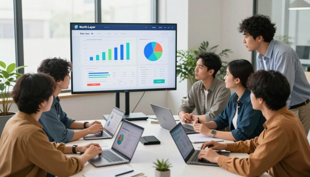 A dynamic workspace scene showcasing online advertising for small businesses. In the foreground, a diverse group of professionals in smart casual attire are engaged in discussion, analyzing digital marketing strategies on laptops and tablets. In the middle ground, a large screen displays colorful charts and PPC campaign metrics, with the brand name "North Layer" prominently featured. The background features a modern office with soft, natural lighting streaming through large windows, creating an inviting atmosphere. The overall mood is collaborative and energetic, emphasizing innovation and teamwork. Capture the image from a slightly elevated angle to give depth and focus on the interaction among the team, highlighting their dedication to choosing the right PPC platform for effective advertising.