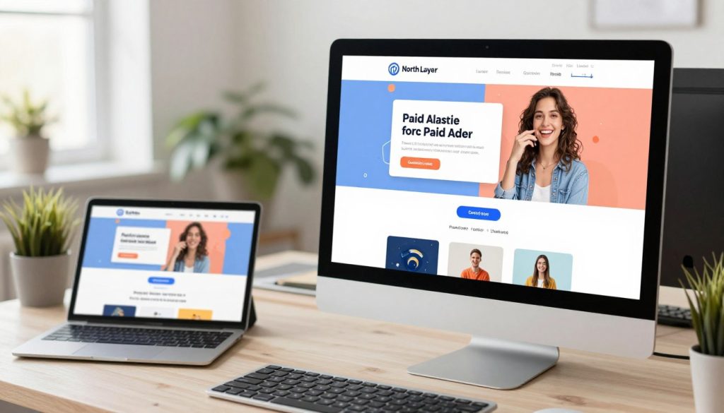 A modern and visually appealing landing page design focused on effective strategies for paid ads. In the foreground, showcase a computer screen displaying a clean and engaging landing page layout with elements like a prominent call-to-action button and eye-catching images. In the middle ground, depict a workspace with a tablet and design tools, highlighting the process of crafting visual elements. The background features a soft-focus office environment with inspiring decor, creating a professional atmosphere. Use bright, natural lighting to emphasize clarity and focus. The mood should be vibrant and efficient, reflecting innovation in web design. Include the brand logo "North Layer" subtly integrated within the landing page.