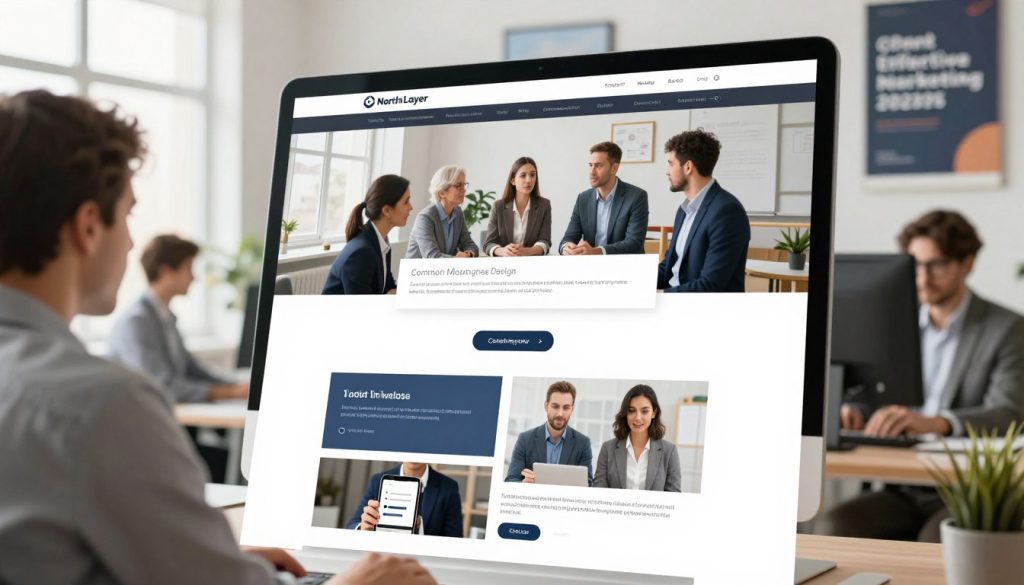 A modern, conversion-driven landing page design prominently featuring the brand name "North Layer". In the foreground, showcase a clean and organized layout with clear call-to-action buttons and appealing images reflecting common mistakes in landing page design, such as cluttered elements and poor color contrasts. The middle layer should depict a computer screen displaying this landing page, surrounded by professional individuals in business attire discussing its efficacy. In the background, a bright, well-lit office environment with motivational posters about effective marketing hangs on the walls. Use soft, natural lighting to create an inviting atmosphere, and capture the image from a slightly angled viewpoint to emphasize depth and engagement. The overall mood should convey a sense of urgency for optimization and clarity in design.