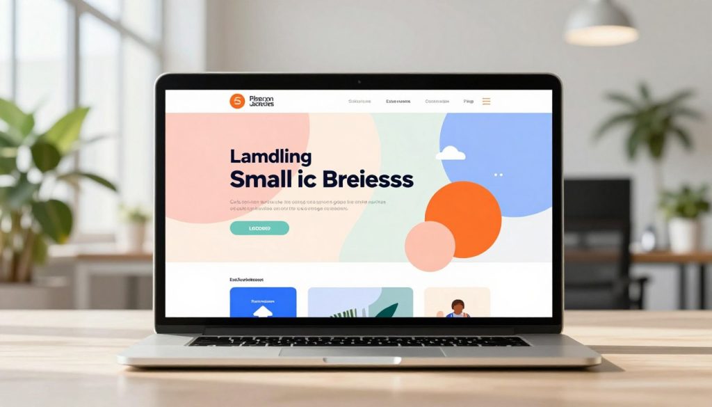 A modern landing page design layout showcasing the latest design trends for small businesses. In the foreground, a sleek, minimalist laptop displays a vibrant landing page with a user-friendly interface featuring color schemes of soft pastels and bold accents, representing the science of color psychology. In the middle, an abstract design element or infographic illustrates key principles of design and color usage in an engaging way. The background is a bright, airy office environment filled with plants and natural sunlight streaming through large windows, creating a welcoming atmosphere. Soft shadows and a shallow depth of field enhance focus on the laptop, evoking inspiration and creativity in webpage design. The overall mood is professional yet inviting, reflecting innovation and modern aesthetics.
