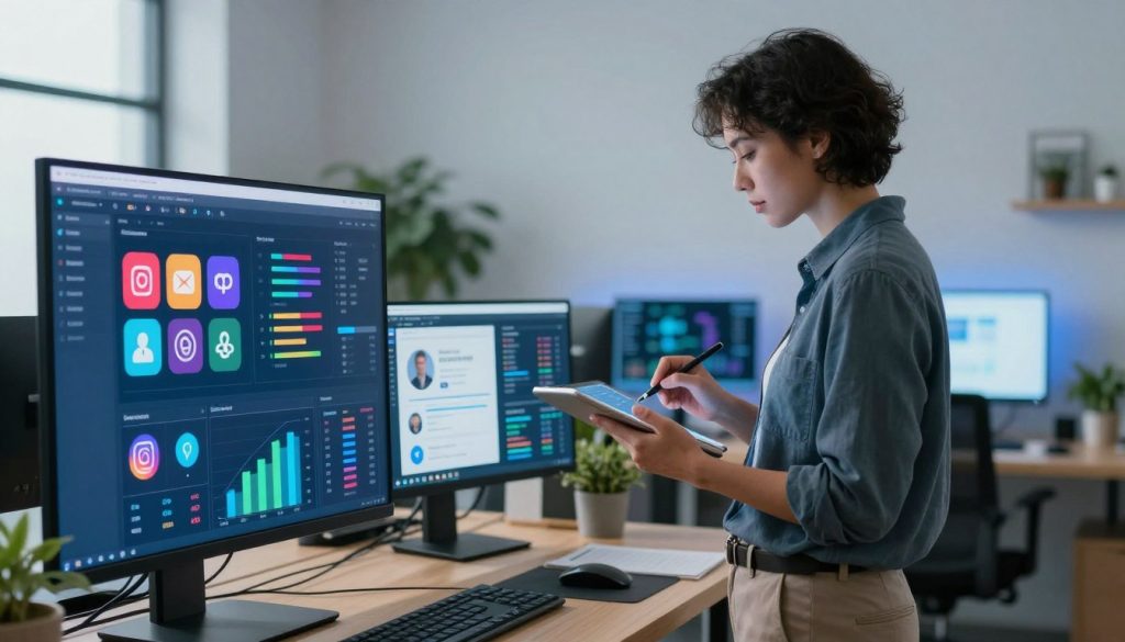 A modern office environment featuring a large screen displaying colorful social media analytics graphs and charts in the foreground. A focused business professional in smart casual attire, analyzing the data while taking notes on a tablet, standing beside the screen. In the middle ground, multiple monitors showcase various social media platforms and real-time data, illuminated by soft blue lighting that creates a high-tech atmosphere. The background consists of a clean, minimalist workspace with potted plants and light wooden furniture, enhancing a feeling of productivity and innovation. The overall mood is analytical and forward-thinking, emphasizing the importance of monitoring and analyzing social media performance effectively. Soft, diffused lighting helps to create a professional yet vibrant workspace ambiance.