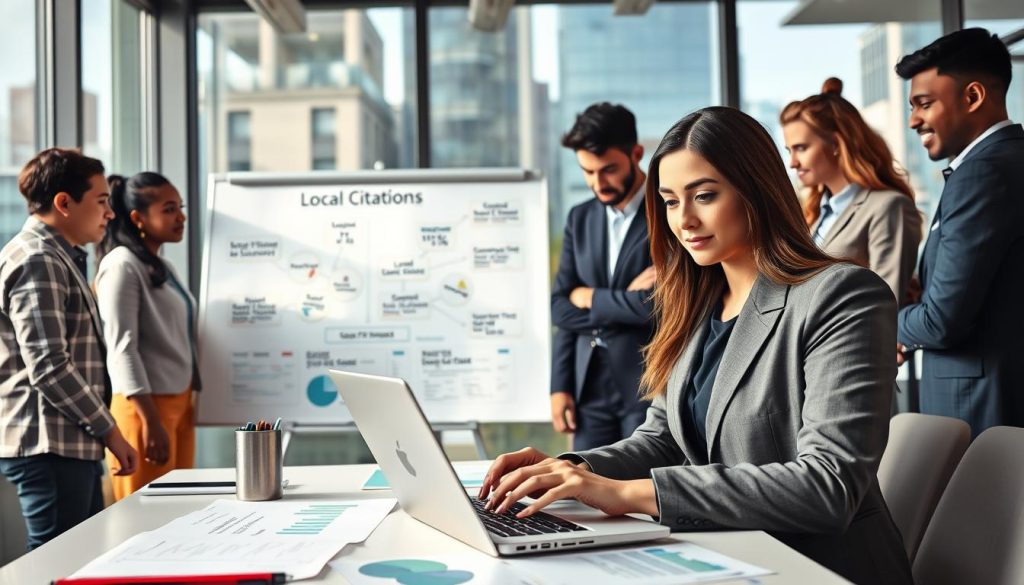 A modern office environment showcasing a diverse group of professionals collaborating on a digital marketing strategy. In the foreground, a confident woman in smart business attire analyzes data on a laptop, surrounded by colorful graphs and charts. The middle ground features a whiteboard filled with diagrams and strategies, illustrating local citations and backlinks in a visually engaging way. In the background, large windows reveal a bustling cityscape, symbolizing local businesses. The scene is well-lit with natural light, creating a productive and optimistic atmosphere. The camera angle is slightly elevated, capturing both the teamwork and the urban setting, emphasizing the importance of local SEO in connecting with nearby customers. A modern office environment showcasing a diverse group of professionals collaborating on a digital marketing strategy. In the foreground, a confident woman in smart business attire analyzes data on a laptop, surrounded by colorful graphs and charts. The middle ground features a whiteboard filled with diagrams and strategies, illustrating local citations and backlinks in a visually engaging way. In the background, large windows reveal a bustling cityscape, symbolizing local businesses. The scene is well-lit with natural light, creating a productive and optimistic atmosphere. The camera angle is slightly elevated, capturing both the teamwork and the urban setting, emphasizing the importance of local SEO in connecting with nearby customers.