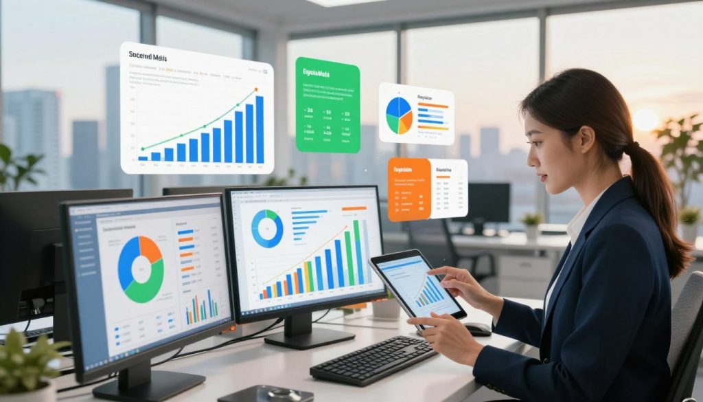 A modern office environment showcasing screens displaying colorful social media marketing metrics. In the foreground, a professional woman in smart business attire analyzes data on a tablet, her expression focused yet inspired. In the middle section, various graphs, charts, and infographics illustrating audience reach metrics float around her, presenting information such as engagement rates, follower growth, and demographic breakdowns, with vibrant colors like blue, green, and orange for visual appeal. In the background, a panoramic view of a city skyline through large windows, with soft morning light illuminating the workspace, creating a bright and optimistic atmosphere. The angle should be slightly elevated, capturing both the professional and dynamic nature of social media analytics.