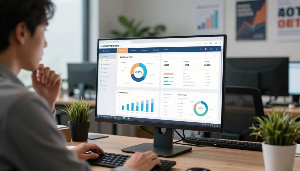 A modern office scene focused on a professional analyst examining website performance metrics on a computer screen. In the foreground, a person in business attire, with a thoughtful expression, interacts with complex graphs and analytics displayed on a sleek monitor. In the middle ground, a large digital board shows low conversion rates and various performance indicators, highlighting problems like cart abandonment and bounce rates. The background features a well-lit office with contemporary design, plants, and motivational posters subtly emphasizing growth and success. Soft, focused lighting enhances the analytical mood, while a slight depth of field draws attention to the screen, emphasizing the analytical work at hand. The atmosphere suggests a mix of concentration and urgency in solving digital marketing challenges.