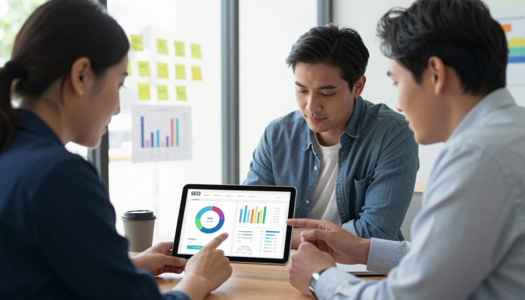 A modern office setting emphasizing on-page SEO strategies for small businesses. In the foreground, a diverse group of three professionals—two men and one woman—dressed in smart business casual attire, are gathered around a digital tablet, discussing website optimization strategies. The middle layer features a sleek web design displayed on the tablet screen, depicting colorful charts and SEO metrics. In the background, bright, natural light floods through large windows, illuminating a wall covered with post-it notes and SEO-related graphs. The atmosphere is collaborative and innovative, showcasing determination and creativity in digital marketing. The lens is slightly angled as if capturing an informal brainstorming session, enhancing the dynamic feel of teamwork and digital strategy.