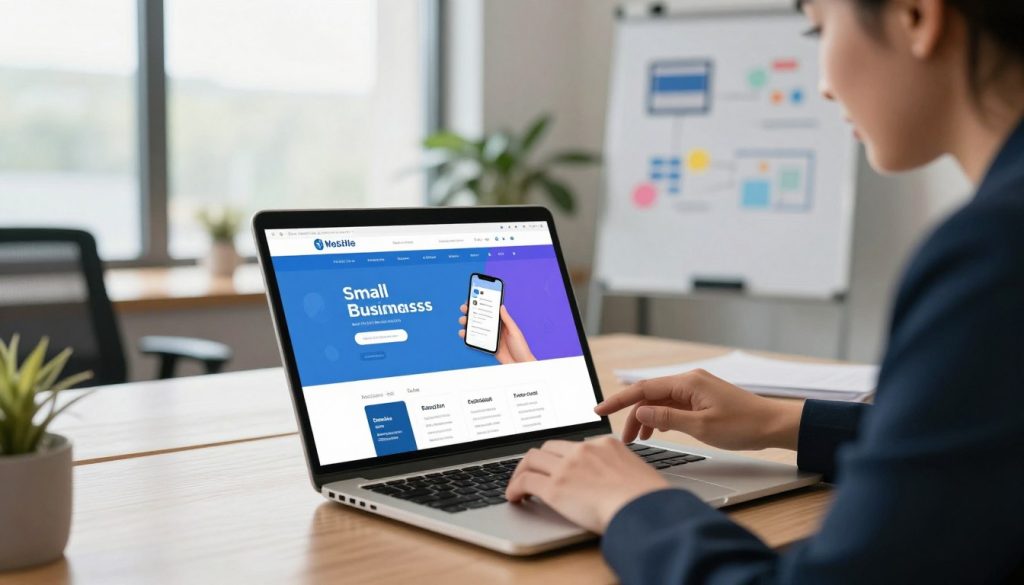 A modern office setting featuring a sleek laptop displaying a mobile-friendly website design, showcasing vibrant colors and intuitive navigation. In the foreground, a professional businessperson in smart attire is intently reviewing the website on the laptop screen, with a focused expression. The middle layer includes a large window allowing natural light to flood the scene, illuminating the workspace and casting soft shadows. In the background, a blurred view of contemporary office decor and a whiteboard with visual diagrams about website costs and mobile responsiveness hints at strategic discussions. The atmosphere is productive and inspiring, emphasizing the importance of mobile optimization for small business websites. Use warm, inviting lighting to create an engaging environment.