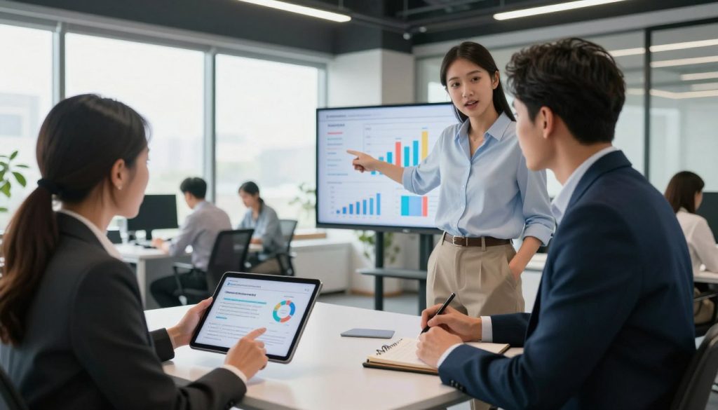 A modern office setting with a diverse group of three professionals engaged in a collaborative discussion. In the foreground, a woman in a business suit is reviewing customer feedback on a tablet, while a man in smart casual attire takes notes on a notepad. A second woman, dressed in business casual, points to a digital screen displaying graphs and charts that highlight social media ROI metrics. The middle ground features a bright, open office space with large windows allowing natural light to flood in, reflecting an atmosphere of productivity and teamwork. In the background, you can see more team members engaged in various tasks, symbolizing a thriving operation. The overall mood is dynamic and focused, emphasizing the importance of teamwork in harnessing customer insights for better returns on investment.