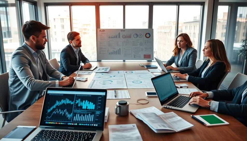 A modern office space featuring a diverse group of professionals, including two men and two women, engaged in a technical audit discussion around a large conference table. The foreground showcases laptops open with complex graphs and SEO metrics displayed on the screens, alongside technical documents and notepads scattered across the table. In the middle ground, a whiteboard filled with flowcharts and diagrams illustrates the auditing process. The background reveals large windows with natural light pouring in, creating a bright and collaborative atmosphere. The professionals are dressed in smart business attire, exuding a focused and diligent mood. The image is captured from a slight angle to emphasize teamwork and collaboration, with soft, warm lighting to create an inviting ambiance. A modern office space featuring a diverse group of professionals, including two men and two women, engaged in a technical audit discussion around a large conference table. The foreground showcases laptops open with complex graphs and SEO metrics displayed on the screens, alongside technical documents and notepads scattered across the table. In the middle ground, a whiteboard filled with flowcharts and diagrams illustrates the auditing process. The background reveals large windows with natural light pouring in, creating a bright and collaborative atmosphere. The professionals are dressed in smart business attire, exuding a focused and diligent mood. The image is captured from a slight angle to emphasize teamwork and collaboration, with soft, warm lighting to create an inviting ambiance.