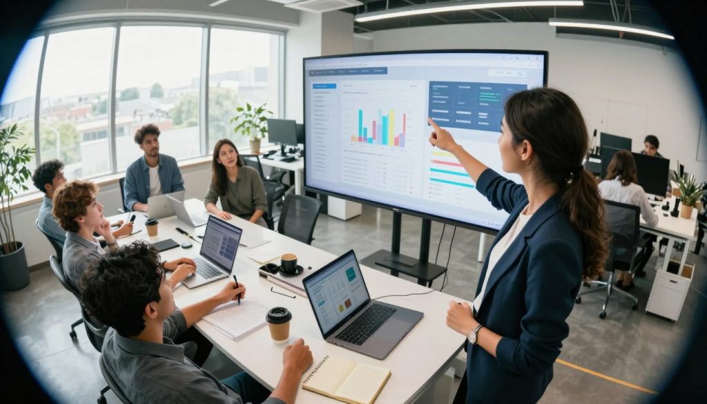 A modern office space focused on conversion rate optimization, showcasing a diverse group of professionals analyzing website performance on a large screen. In the foreground, a focused woman in business attire points at a data visualization chart displaying user engagement metrics. The middle layer features a desk cluttered with laptops, note pads, and coffee cups, suggesting an active brainstorming session. The background includes large windows with natural light pouring in, creating a bright and energetic atmosphere. The overall mood is one of collaboration and innovation, highlighting the importance of user experience in driving conversions. Use a slight fisheye lens effect to emphasize the action and depth of the scene.