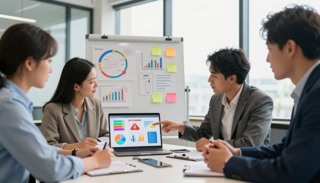 A modern office space set up for a brainstorming session about social media advertising tips for small businesses. In the foreground, a diverse group of three professionals in smart business attire, gathered around a sleek conference table, examining colorful charts and graphs on a laptop. One person is pointing to a vibrant infographic about ad targeting strategies. In the middle, a whiteboard filled with creative ideas and marketing strategies, with sticky notes scattered around. In the background, large windows letting in bright natural light, creating a warm and energetic atmosphere. The overall mood is productive and collaborative, emphasizing teamwork and innovation in social media advertising. Filmic lighting with a soft focus, capturing the engagement and dynamism of the discussion.