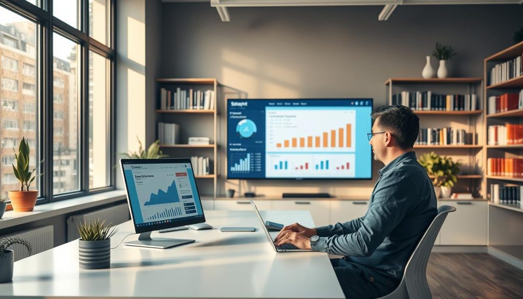 A modern office workspace representing the concept of "search visibility." In the foreground, a professional, casually dressed individual sits at a sleek desk with a laptop open, analyzing data on a screen that displays graphs illustrating search performance. The middle ground features a large wall-mounted screen displaying key performance indicators and charts with upward trends, symbolizing audit progress. In the background, shelves lined with books about digital marketing and business strategies create a scholarly atmosphere. Soft, natural light filters in through large windows, casting gentle shadows, and the overall mood is focused and motivating, conveying the importance of conducting an AI search visibility audit for small businesses.