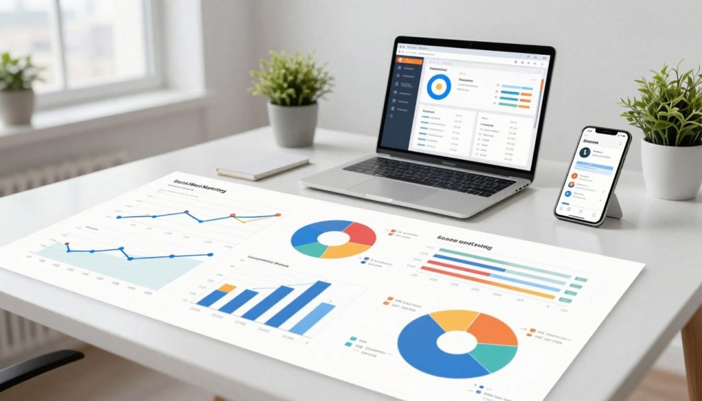 A modern, sleek infographic illustrating social media marketing metrics, focusing on engagement measurement. In the foreground, display various colorful charts and graphs, including line graphs, bar charts, and pie charts, showcasing data points like likes, shares, comments, and follower growth. The middle ground features an elegant, stylish desk, with a laptop showing a social media dashboard and a smartphone displaying notifications. In the background, soft-focus elements like a window with a cityscape view and potted plants create a tranquil office environment. Use bright, natural lighting to enhance the atmosphere of productivity and professionalism. Choose a wide-angle perspective to capture the entire scene, evoking a sense of clarity and focus on social media analytics.