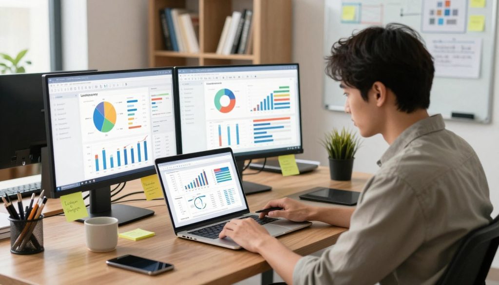 A modern, sleek office environment showcasing a small business owner analyzing landing page performance on a laptop. In the foreground, a focused individual in smart casual attire, surrounded by graphs, charts, and sticky notes illustrating conversion metrics. The middle ground features a large monitor displaying analytics dashboards with colorful visualizations of user engagement. In the background, shelves filled with marketing books and a whiteboard with strategic notes create a professional atmosphere. Warm, natural lighting enters through a window, enhancing a productive yet inviting mood. The camera angle is slightly elevated, capturing the entire scene while emphasizing the importance of data-driven decisions for website optimization.