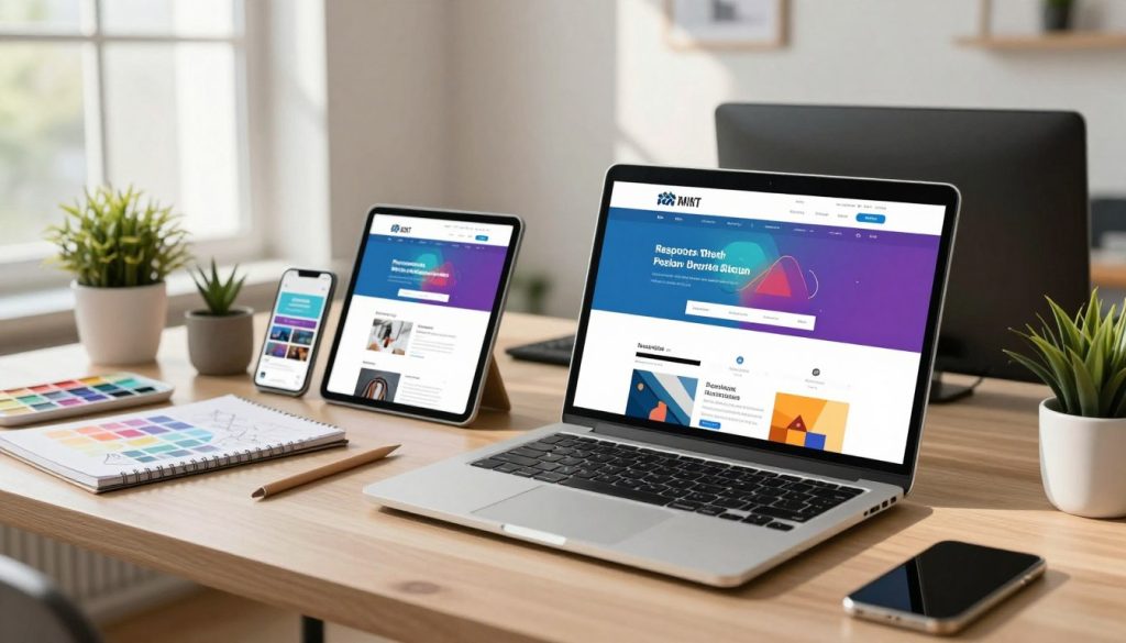 A modern web designer's workspace showcasing responsive web design principles. In the foreground, a sleek laptop displays a vibrant, multi-device layout with a website adapting seamlessly across smartphone, tablet, and desktop views. The middle ground features stylish office decor, including potted plants and a minimalistic desk setup with design tools like a color palette and sketchbook. In the background, a large window lets in natural light, casting soft shadows and creating a warm atmosphere. The scene should evoke a sense of creativity and professionalism, with an airy ambiance that inspires innovative design thinking. Use a wide-angle lens perspective to capture the entirety of the workspace, ensuring a clean and organized look that emphasizes functionality and aesthetics.