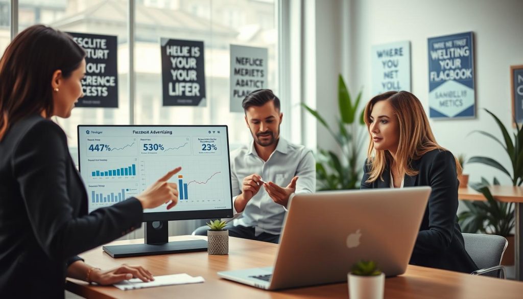 A modern workspace featuring a diverse group of three small business owners discussing strategies to reduce Facebook advertising costs. In the foreground, a woman in business attire points at a laptop screen displaying graphs and charts related to advertising metrics. In the middle ground, a man in casual, professional clothing takes notes, while a second woman, also dressed in business attire, shares ideas. The background shows a bright, airy office space with large windows, plants, and motivational posters about marketing. Soft, natural lighting filters in, creating a collaborative and focused atmosphere, shot from a slightly elevated angle to capture the interaction and details on the laptop.