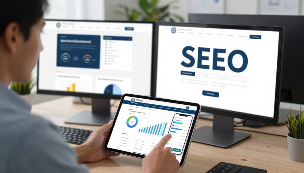 A modern workspace highlighting a dual-screen setup of a desktop and a mobile device, showcasing a sleek SEO-friendly website on both screens. In the foreground, a business professional in smart casual attire is reviewing website analytics on a tablet, illustrating the importance of speed optimization. The middle ground features a blurred view of speed optimization tools and graphs on the screens. In the background, a well-organized office with soft natural lighting enhances focus, while plants add a touch of freshness. The mood is dynamic and focused, conveying a sense of urgency and professionalism. The angle captures the screens prominently, emphasizing the website’s responsive design and performance metrics, inviting engagement without distractions or text.