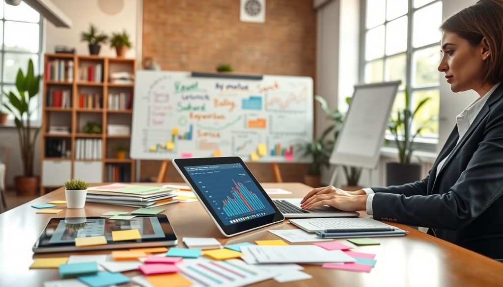 A modern workspace scene featuring a professional businesswoman in business attire, intently analyzing keyword research data on a laptop. In the foreground, a sleek desk cluttered with colorful sticky notes, graphs, and a digital tablet displaying search analytics. The middle ground showcases a large whiteboard filled with charts and keywords written in colorful markers, emphasizing the brainstorming process. The background contains a bright, well-lit office with bookshelves, plants, and large windows allowing sunlight to flood the room, creating an inspiring atmosphere. The angle captures both the focus on the laptop and the whiteboard, with soft, natural lighting enhancing the scene. The overall mood conveys productivity, creativity, and determination in mastering keyword research for SEO success. A modern workspace scene featuring a professional businesswoman in business attire, intently analyzing keyword research data on a laptop. In the foreground, a sleek desk cluttered with colorful sticky notes, graphs, and a digital tablet displaying search analytics. The middle ground showcases a large whiteboard filled with charts and keywords written in colorful markers, emphasizing the brainstorming process. The background contains a bright, well-lit office with bookshelves, plants, and large windows allowing sunlight to flood the room, creating an inspiring atmosphere. The angle captures both the focus on the laptop and the whiteboard, with soft, natural lighting enhancing the scene. The overall mood conveys productivity, creativity, and determination in mastering keyword research for SEO success.