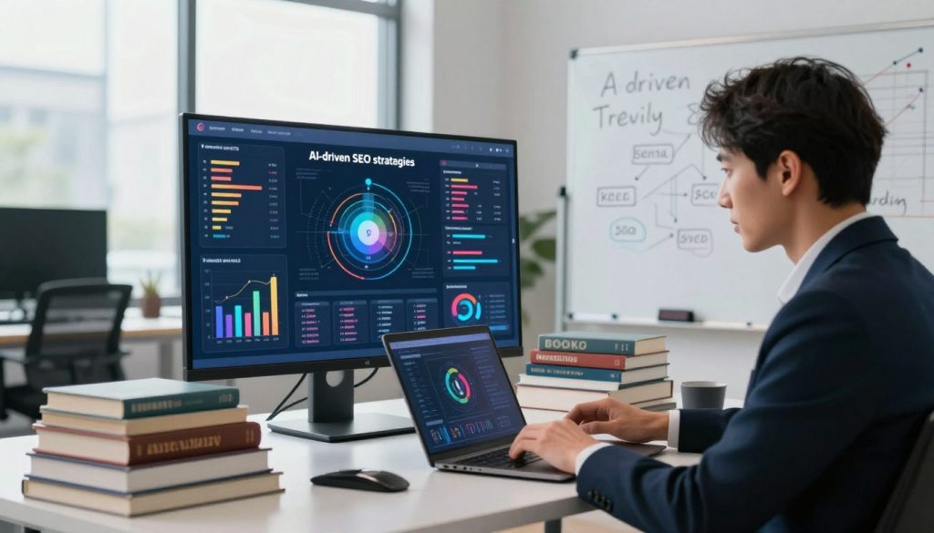 A modern workspace showcasing "AI-driven SEO strategies." In the foreground, a professional businessperson, dressed in smart attire, intently analyzing data on a sleek laptop, highlighted by soft, focused lighting. In the middle ground, a large digital screen displays colorful graphs and AI algorithms, symbolizing the integration of AI in SEO. Surrounding the workspace are stacks of books on digital marketing and a whiteboard filled with keywords and strategies. The background features an elegant office with large windows letting in natural light, creating a bright and inspiring atmosphere. The overall mood emphasizes innovation and clarity in the realm of technology and marketing. The angle is slightly elevated, capturing both the individual and the powerful tools of AI at work.