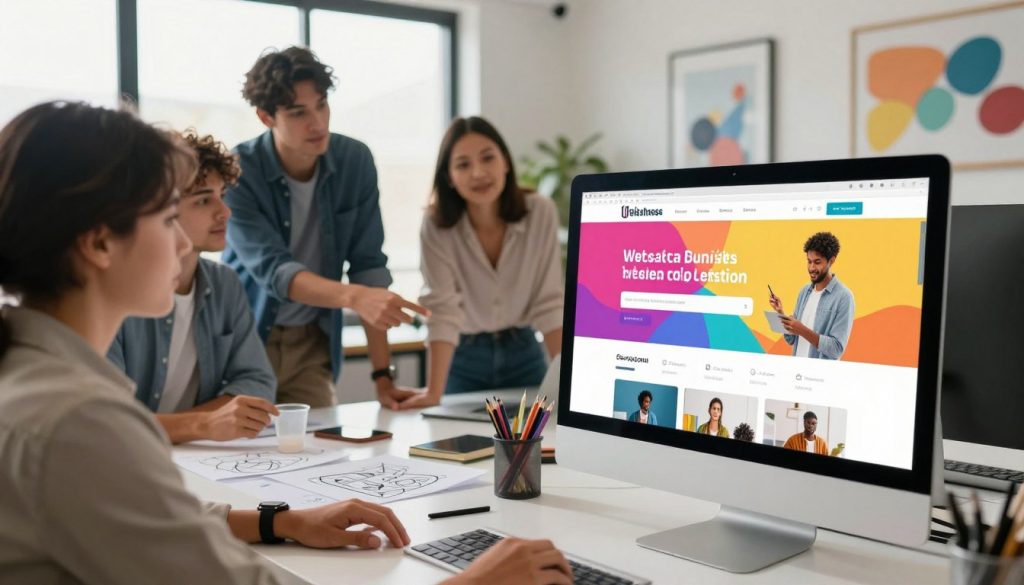 A modern workspace showcasing a website redesign for a small business. In the foreground, a computer screen displays a vibrant, user-friendly website layout featuring easy navigation, appealing colors, and engaging visuals. To the left, a diverse team of professionals in smart casual attire collaborates, pointing at a design concept on the screen. In the middle, a bright brainstorming session table with sketches and design tools is visible, reflecting creativity and focus. The background includes a stylish office environment with large windows, soft natural light illuminating the space, and inspirational artwork on the walls. The atmosphere is energetic and optimistic, embodying innovation and collaboration in digital marketing.
