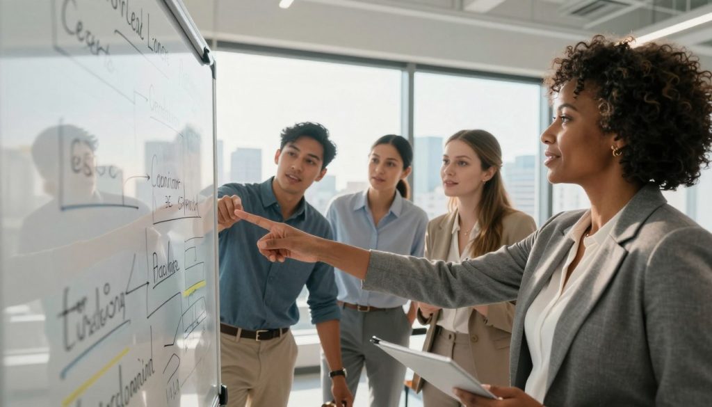 A professional business meeting in a modern office setting, featuring a diverse group of small business owners engaged in an animated discussion. In the foreground, a middle-aged Black woman in a smart business outfit points at a transparent whiteboard filled with strategies for cost-effective lead generation. In the middle ground, a young Hispanic man and a Caucasian woman, both dressed in business casual attire, lean in, suggesting collaboration and focus. The background reveals a bright and airy office space with large windows, showcasing a city skyline under warm, natural lighting. The overall mood is energetic and optimistic, underscoring teamwork and innovation in lead generation, with the brand name "North Layer" subtly incorporated into the design elements.