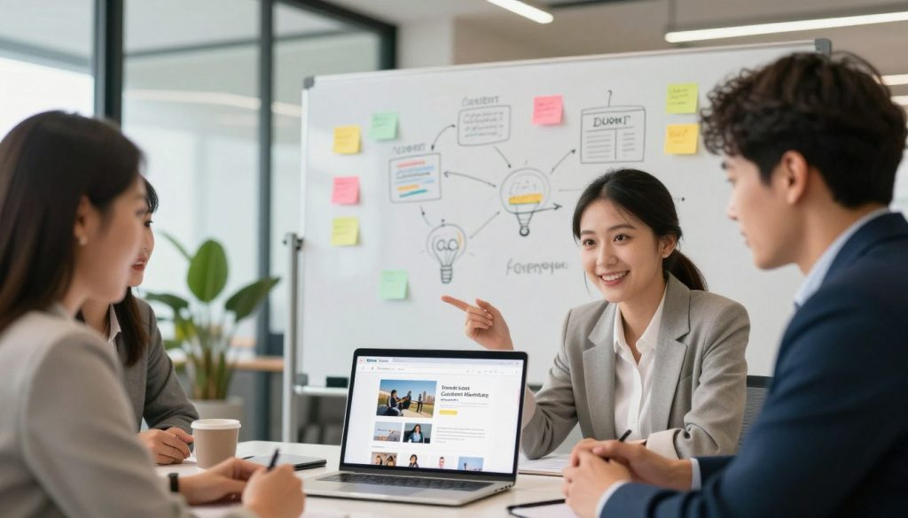 A professional business scene illustrating cost-effective lead generation through content marketing. In the foreground, a diverse group of three professionals—two women and one man—are engaged in a dynamic discussion around a laptop, showcasing a website with engaging content. All are dressed in smart casual attire, giving a collaborative and innovative vibe. In the middle ground, a large whiteboard features colorful post-it notes and sketches representing content ideas, enhancing the atmosphere of creativity. The background reveals a bright and modern office space with glass walls, plants, and natural light pouring in, creating an inviting ambiance. The image should have a warm and motivating mood, captured with a soft focus lens effect to emphasize the professionals' engagement. The brand presence "North Layer" should be subtly integrated into the design elements without text.