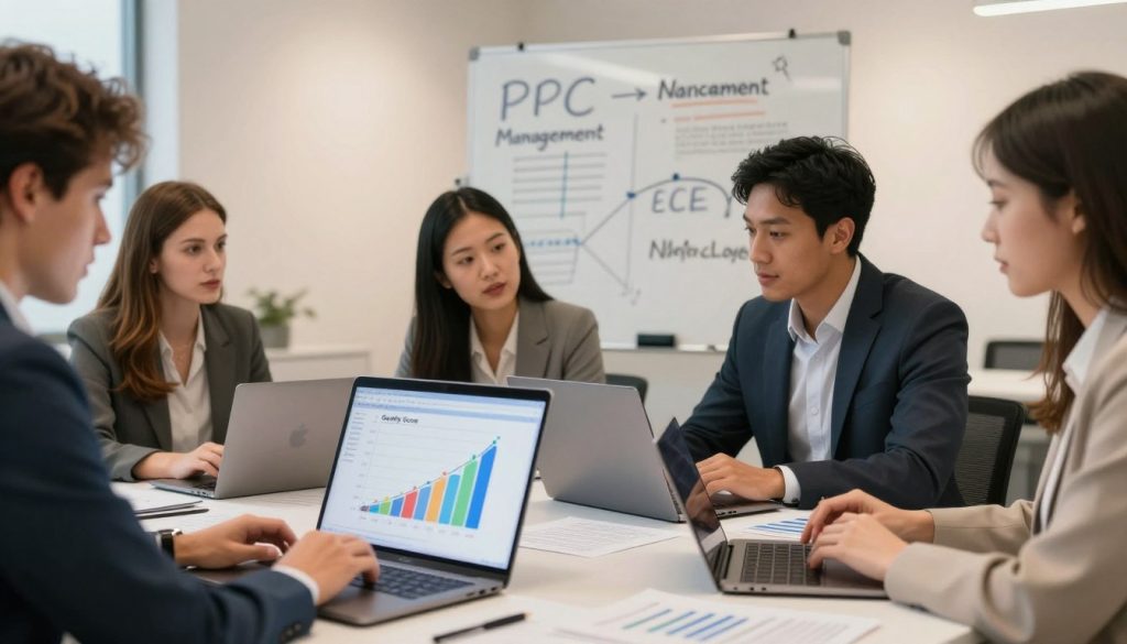 A professional business setting focused on digital marketing, showcasing a small team analyzing data on laptops and papers scattered around a conference table. In the foreground, a clear and visually engaging graph representing "Quality Score" metrics with colorful elements highlighting important data points. In the middle, a diverse group of professionals in business attire, including an Asian woman explaining the graph to a Hispanic man and a Caucasian woman, attentively listening. The background features a whiteboard filled with strategies for PPC management and success, illuminated by soft, warm lighting to create an inviting atmosphere. The overall mood is focused and collaborative, portraying a sense of innovation and growth. Include elements reflecting the brand "North Layer" subtly within the workspace design.