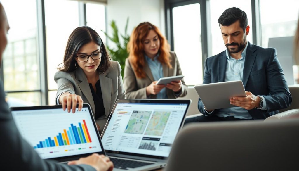 A professional business workspace showcasing a diverse team of individuals engaged in analyzing digital marketing data on laptops and tablets. In the foreground, a woman in business attire points at a colorful graph on her laptop screen, illustrating local search statistics and improvement metrics. In the middle ground, a man in a smart casual outfit takes notes while examining a laptop displaying a map with localized search results highlighted. The background features a modern office with large windows allowing soft, natural light to flood the room, creating a bright, inviting atmosphere. The mood is focused and collaborative, capturing the essence of teamwork in a high-tech environment dedicated to improving small business online presence.