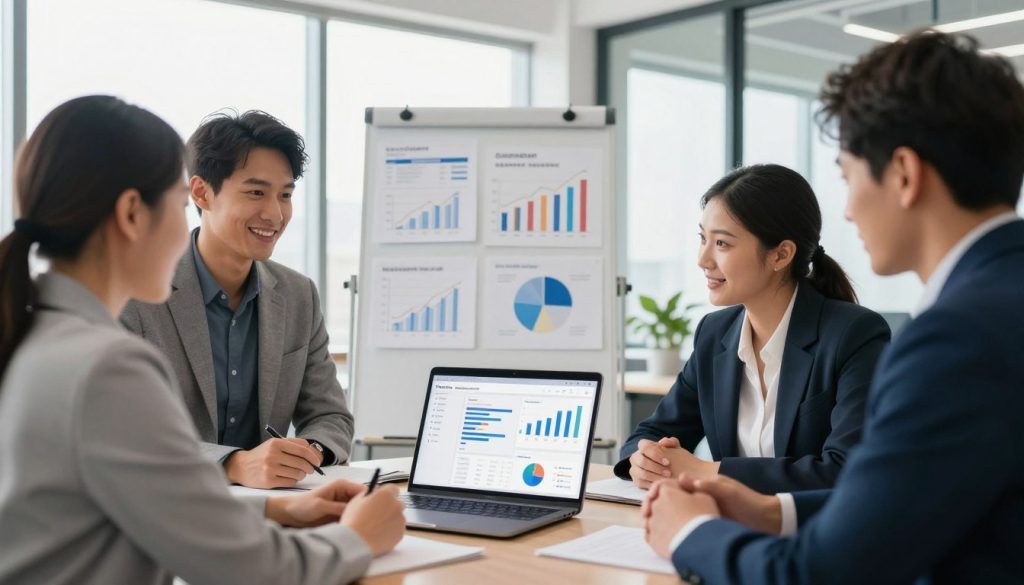 A professional office setting illustrating digital marketing for small businesses, with a focus on tracking and measuring success. In the foreground, a diverse group of three business professionals, dressed in smart casual attire, are engaged in a discussion around a laptop displaying analytics dashboards. In the middle, a whiteboard filled with charts, graphs, and metrics highlights key performance indicators. The background features a modern office with large windows, allowing natural light to flood in, creating a bright and optimistic atmosphere. The scene should convey a sense of collaboration and focus, emphasizing the importance of data-driven decision-making. The brand name "North Layer" is subtly integrated into the design of the laptop screen.