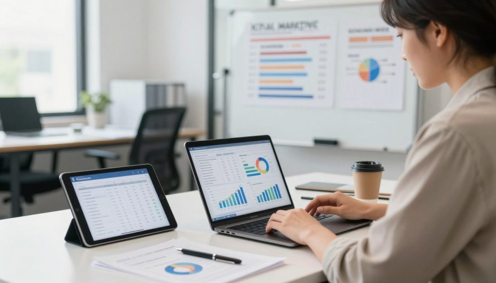 A professional office setting showcasing a small business owner analyzing digital marketing metrics on a laptop. In the foreground, a focused person in smart casual attire, surrounded by charts, graphs, and a digital tablet displaying Facebook Ads performance data. In the middle, a bright desk with a whiteboard covered in key performance indicators (KPIs) like click-through rates, conversion rates, and engagement metrics. The background features a modern office environment with large windows letting in natural light, creating a welcoming atmosphere. Soft focus on the background to emphasize the action in the foreground. The overall mood is analytical yet optimistic, conveying success and growth through effective digital marketing strategies.