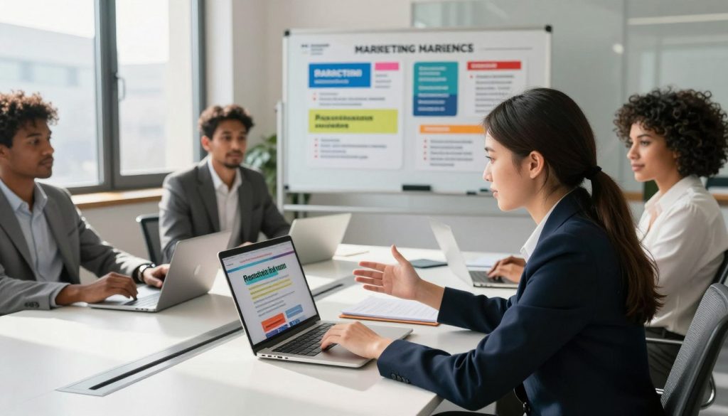 A professional office setting with a diverse team of individuals seated around a modern conference table, passionately discussing marketing strategies. The foreground features a young woman in a smart business outfit, gesturing toward a laptop screen displaying engaging, colorful website copy. In the middle, a presentation board showcases vivid examples of compelling content, including headers and bullet points. The background includes large windows with natural light streaming in, casting soft shadows across the room, enhancing a collaborative atmosphere. The mood conveys energy and creativity, ideal for a productive brainstorming session. The angle is slightly elevated, capturing the dynamics of teamwork without isolating any individual while maintaining a clean and polished aesthetic.