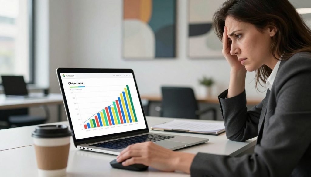 A professional office setting with a mid-30s businesswoman in smart casual attire sitting at a desk, brow furrowed in confusion while analyzing a colorful graph on her laptop screen. The foreground features a close-up of her hands hovering over a mouse, a cup of coffee slightly pushed aside. In the middle, the laptop screen displays a vibrant bar chart with high click-through rates, contrasting with a flat line for conversion rates. The background shows a modern office with abstract art on the walls and a large window letting in natural light, casting soft shadows. The mood is one of contemplation and concern, emphasizing the struggle in interpreting data. The brand name "North Layer" is subtly integrated into the design of the laptop screen.