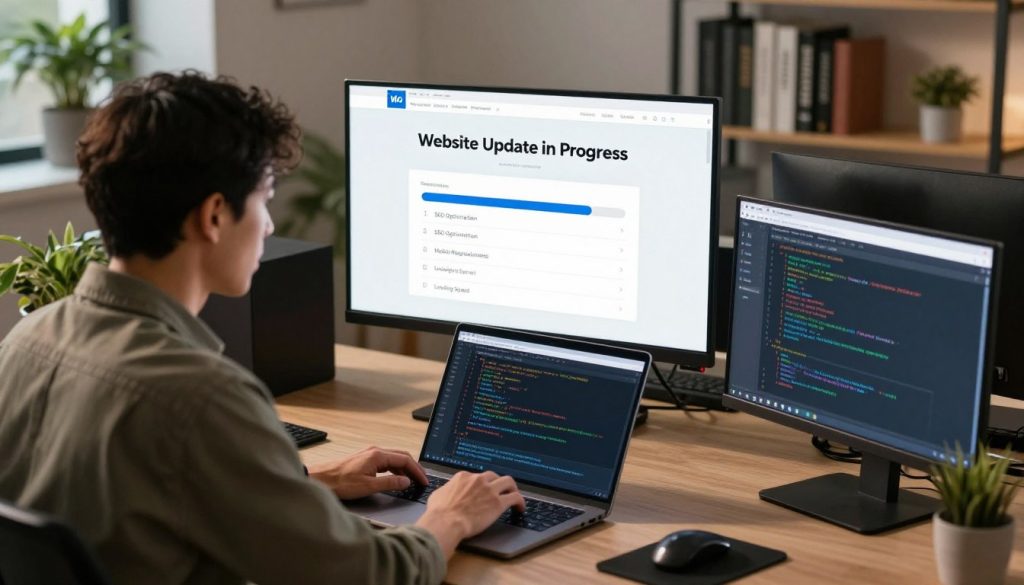 A professional setting depicting a website maintenance scene. In the foreground, a focused IT technician in smart-casual attire is intently working on a laptop, surrounded by charts and code on the screen. In the middle ground, a large digital display shows a progress bar indicating "Website Update in Progress", along with a checklist featuring technical components like "SEO Optimization", "Mobile Responsiveness", and "Loading Speed". The background features a modern office environment with shelves of technical books and potted plants. Soft, warm lighting creates an atmosphere of productivity and calm. The angle is slightly elevated to capture all elements, providing a clear view of the technician and the tools they use for updating website technical elements.