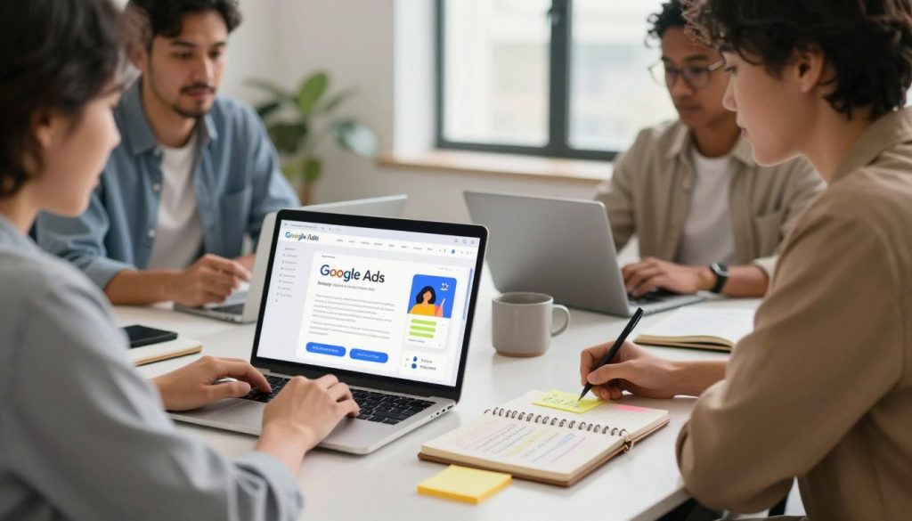 A professional small business scene featuring a diverse group of three people in smart casual attire brainstorming around a sleek table with laptops open, showcasing the Google Ads interface. In the foreground, a notepad and colorful sticky notes are scattered, highlighting key ideas on optimizing ad copy. The middle section includes a laptop screen displaying vibrant and engaging ad copy examples tailored for small businesses. The background features a modern office environment with large windows allowing natural light, creating a bright and inviting atmosphere. The brand name "North Layer" is subtly integrated into the design elements around the workspace. The mood is collaborative and innovative, reflecting a focus on strategic marketing and creativity. Aim for a soft focus with warm lighting to enhance the positive energy of the scene.