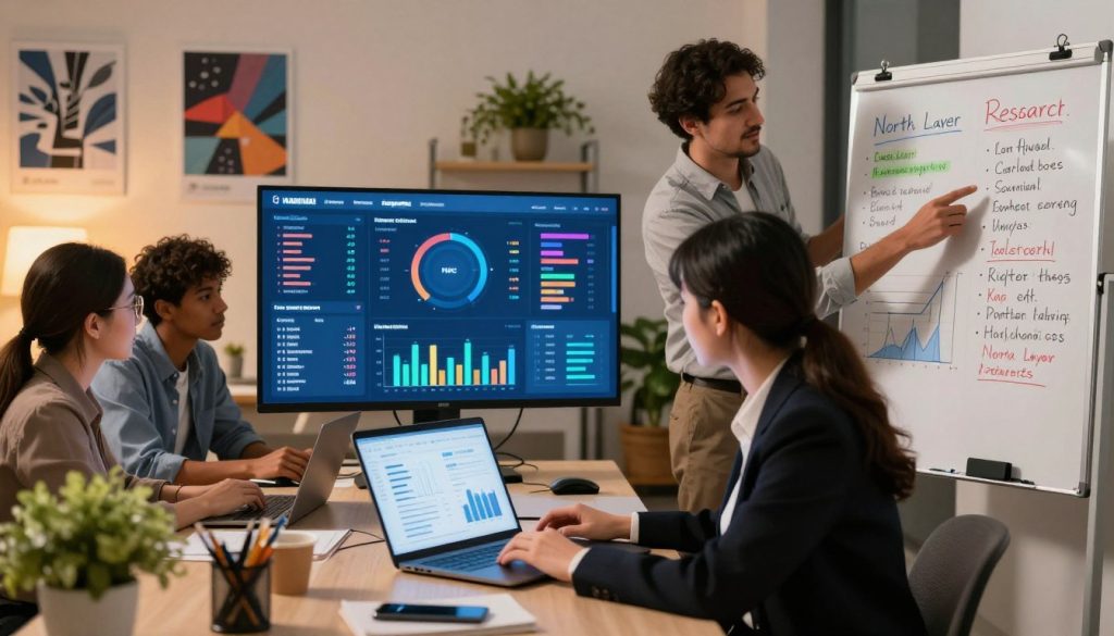 A professional workspace featuring a diverse team of four individuals analyzing data on digital marketing strategies. In the foreground, a woman in business attire is intently reviewing a laptop, displaying graphs and keywords related to PPC campaigns. Next to her, a man gestures toward a whiteboard filled with highlighted keyword research notes and charts, symbolizing collaboration. In the middle ground, a vibrant digital marketing dashboard glows on a large screen, showcasing analytics and performance metrics, emphasizing the importance of keyword optimization. The background includes modern office elements, such as plants and inspirational posters, conveying a motivating atmosphere. The scene is lit with warm, inviting lighting, creating an optimistic mood of productivity and focus. The brand "North Layer" is subtly incorporated into the workspace decor, enhancing the branding context.