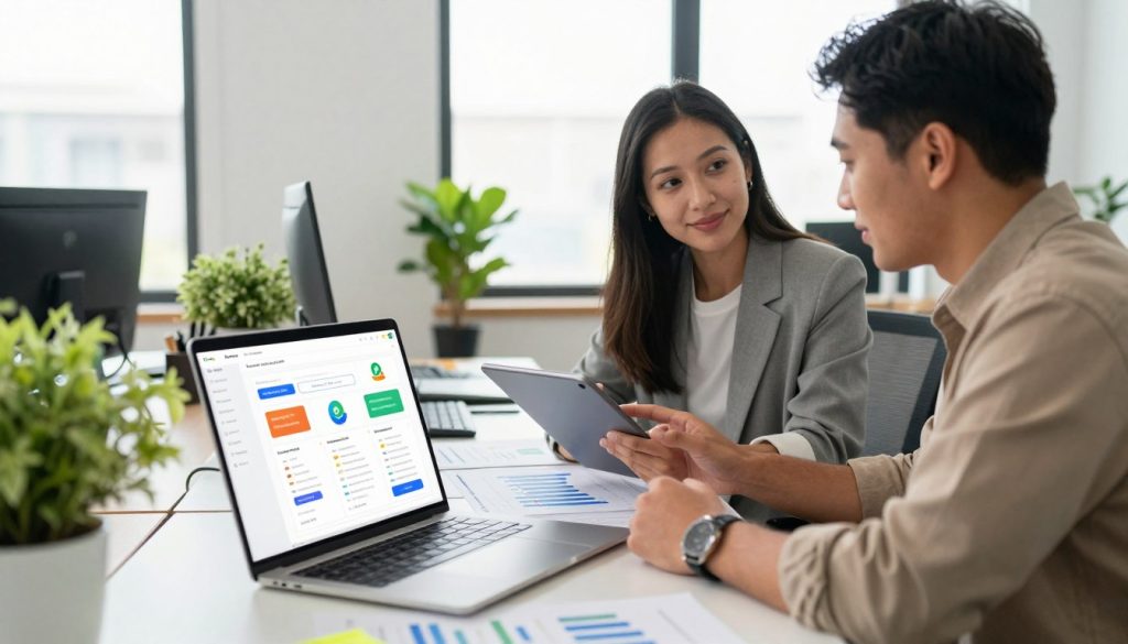 A professional workspace filled with digital marketing elements, focusing on Google Ads management. In the foreground, a laptop displaying the Google Ads dashboard with colorful extensions highlighted, showcasing appealing ad formats. To the side, a diverse team of two business professionals (one woman, one man) in smart casual attire, analyzing data on a tablet, looking engaged and collaborative. In the middle ground, a desk cluttered with marketing materials, graphs showing increasing click-through rates, and a plant adding a touch of greenery to the environment. The background features a bright, well-lit office with large windows letting in natural light, creating an upbeat and productive atmosphere. The overall mood is focused yet optimistic, symbolizing success in digital advertising. Integrate the brand name "North Layer" visibly in the setting, such as on a notebook or screen.