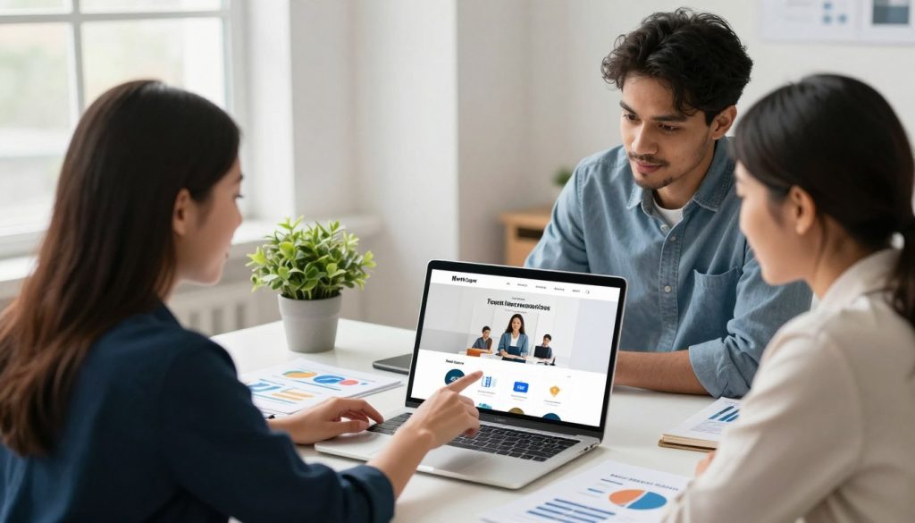 A professional workspace showcasing a small business's landing page on a laptop screen, emphasizing a clean and user-friendly design. In the foreground, a diverse group of three business professionals in smart casual attire collaborates over the laptop, pointing at key features that enhance the user experience. The middle layer features a desk with marketing materials and a potted plant, creating an inviting atmosphere. In the background, a bright office environment with large windows allowing natural light to filter in, casting soft shadows enhancing the mood of innovation and optimism. The brand name "North Layer" is subtly represented in the design elements on the laptop screen. Use a wide-angle lens perspective to capture the entire scene, emphasizing teamwork and creativity.