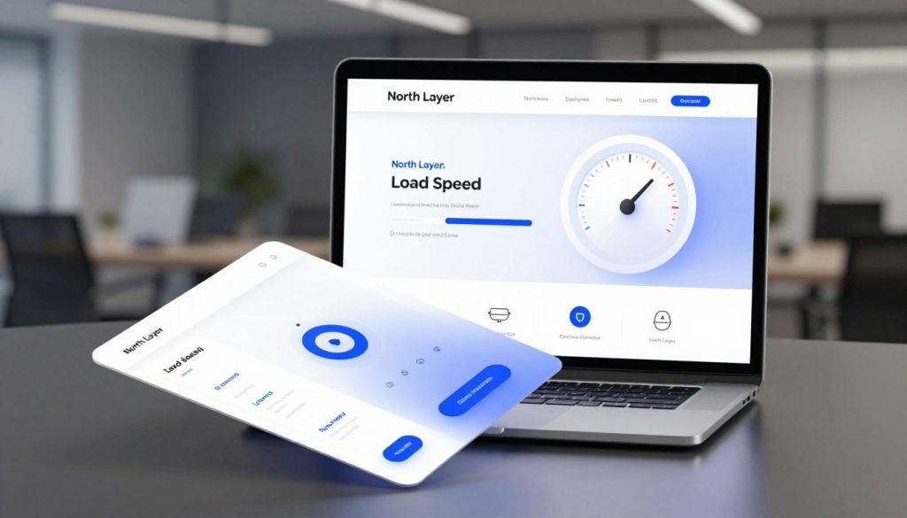 A sleek landing page design concept for "North Layer," emphasizing load speed as a crucial factor. In the foreground, a high-tech user interface with vibrant colors, showcasing key elements like fast loading indicators and streamlined navigation buttons. The middle ground features a stylized laptop displaying the landing page, with graphics illustrating speed and efficiency, such as a speedometer and minimalistic icons for quick loading elements. In the background, a blurred office setting conveys a professional atmosphere with ambient lighting, highlighting the importance of digital performance. Soft shadows and a slightly elevated angle create depth, while a sense of urgency reflects the significance of load speed in online advertising strategies.