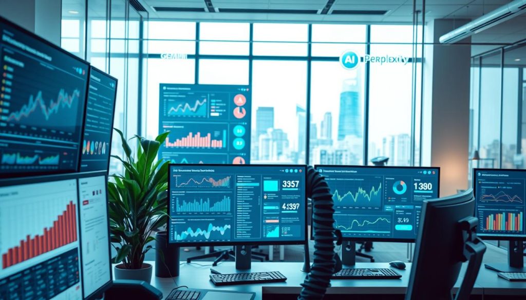 A sleek, modern office space filled with advanced technology, showcasing an AI visibility tracker interface on multiple computer screens. In the foreground, a professional businessperson in smart attire is intently analyzing search visibility metrics, such as graphs and analytics dashboards, illuminated by soft, focused lighting. The middle ground features a large digital display wall with visual representations of data trends, search engine results, and AI logos like ChatGPT, Gemini, Claude, and Perplexity. In the background, a bright and airy office with plants and a city skyline visible through large windows, creating a dynamic, innovative atmosphere. The overall mood is one of ambition and professionalism, evoking a sense of forward-thinking and digital mastery. The perspective is slightly elevated, giving a comprehensive view of both the individual and the high-tech environment.