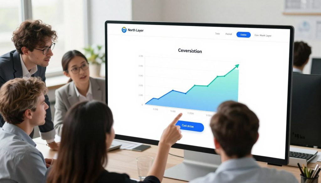 A sleek, modern website interface displayed on a digital device, emphasizing user-friendly design elements like clear call-to-action buttons and engaging visuals. In the foreground, a diverse group of professional individuals in business attire collaborate over the website design, pointing at the screen with expressions of enthusiasm and focus. The middle section features a large, vibrant graph illustrating rising conversion rates, with clear improvements shown visually. The background showcases a bright, organized office environment filled with light streaming through large windows, creating a fresh and uplifting atmosphere. The scene is captured from a slightly elevated angle to convey a sense of perspective and progress, with soft lighting enhancing the professional mood. The brand logo "North Layer" is subtly incorporated into the design elements of the website interface.