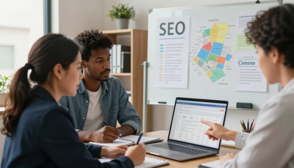 A small business office scene featuring a diverse group of professionals engaged in a discussion about local SEO strategies. In the foreground, a middle-aged Hispanic woman in business attire is pointing to a laptop screen displaying website analytics and keywords. A young Black man beside her, also in business casual, is taking notes on a notepad. The middle ground includes a whiteboard filled with SEO diagrams, keywords, and a map highlighting local search areas. In the background, there are shelves with books about digital marketing and a small plant, creating a warm, inviting atmosphere. Soft, natural lighting streams through a nearby window, adding a sense of optimism and focus to the scene. The lens angle offers a slightly elevated perspective to capture all elements in harmony.
