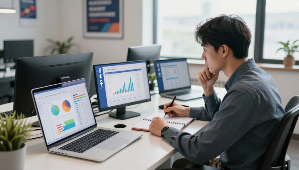 A small business owner sitting at a sleek desk, intently studying multiple laptop screens displaying Facebook Ads data. The foreground features colorful charts and graphs that highlight performance metrics, emphasizing the selection process. In the middle, the business owner, a professional in smart casual attire, is deep in thought, taking notes on a notepad. The background showcases a modern office environment with soft lighting, large windows allowing natural light to pour in, and motivational posters related to digital advertising. The mood is focused and analytical, reflecting a strategic approach to choosing the right advertising platforms tailored for small businesses. Capture this scene from a slightly elevated angle to convey depth and engagement in the decision-making process.