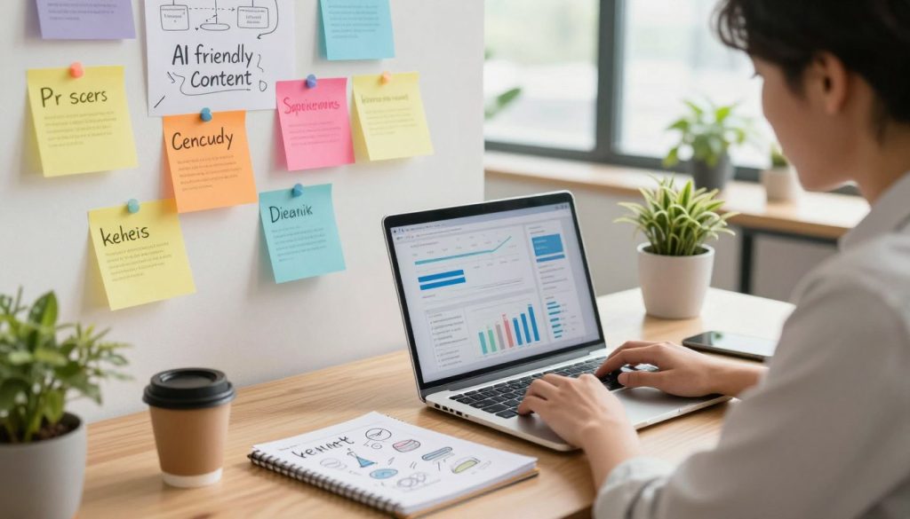 A small business owner working at a modern desk, focusing on a laptop with analytics displayed on the screen, suggesting search engine optimization strategies. In the foreground, a notepad filled with notes and sketches of keywords, and a coffee cup. The middle layer shows a colorful infographic about AI-friendly content creation pinned on the wall. In the background, bright natural lighting enters through a large window, illuminating a vibrant office space with plants. The atmosphere is energetic and inspiring, reflecting a sense of productivity and creativity. Shot at a slight angle using a shallow depth of field to focus on the owner while softly blurring the background elements for a professional look.