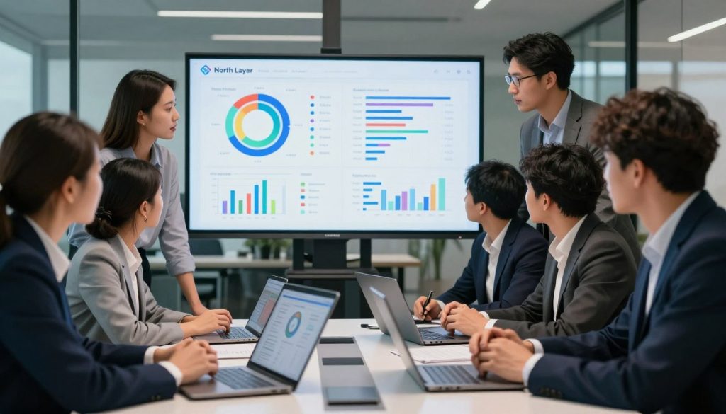 A sophisticated digital workspace scene showcasing a professional team collaborating on optimizing ad targeting. In the foreground, diverse individuals in business attire are intensely discussing strategies around a sleek conference table, with laptops and tablets displaying analytics. In the middle, a large screen projects colorful graphs and demographics, visually depicting target audience insights. The background hints at a modern office with glass walls, allowing natural light to pour in, enhancing the atmosphere of innovation and teamwork. The lighting is bright and focused, highlighting the faces of the team members who are engaged and determined. The mood is energetic and forward-thinking, embodying the theme of identifying target audiences for effective advertising. A subtle logo for "North Layer" appears in the corner of a presentation slide.