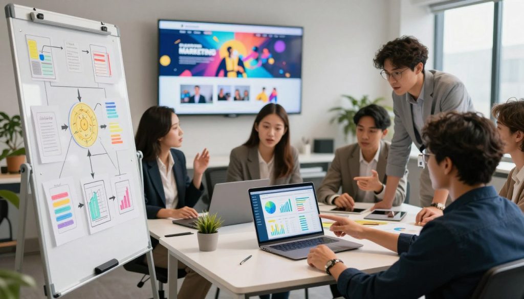 A vibrant and dynamic digital marketing workspace featuring a diverse team of professionals collaborating on visual content strategies. In the foreground, a whiteboard filled with colorful diagrams and flowcharts highlighting key marketing concepts. In the middle, a sleek, modern desk with a laptop showing analytics and social media dashboards. Team members in professional attire are engaged in animated discussion, with one person pointing at a digital tablet displaying infographics. The background includes a large screen showcasing a stunning visual campaign and images of successful websites. Soft, diffused lighting creates a warm and inviting atmosphere, capturing the innovative spirit of digital marketing. The image should evoke a sense of creativity, teamwork, and engagement in the realm of marketing strategies.
