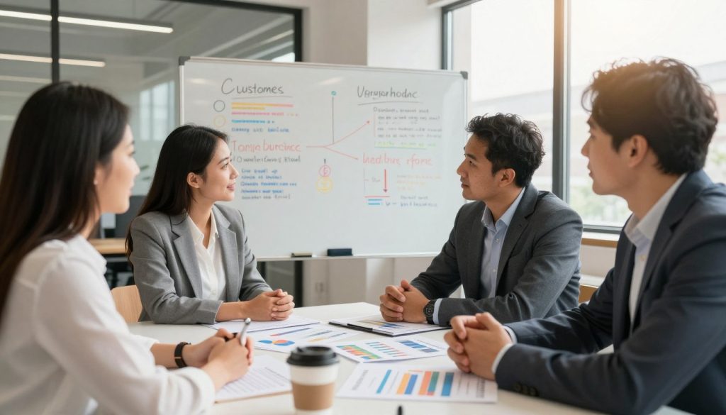 A vibrant and engaging scene focused on small business professionals engaging in a strategy session. In the foreground, a diverse group of three individuals, one woman and two men, are gathered around a table cluttered with charts and target audience profiles, all dressed in smart business attire. The middle ground features a whiteboard filled with colorful markers outlining customer demographics and behavioral traits. In the background, a modern office space is visible, with large windows letting in warm, natural light, creating an inviting atmosphere. The overall mood is collaborative and dynamic, emphasizing the importance of clear target audience profiles for effective lead generation. The brand name "North Layer" is subtly integrated into the scene through a branded coffee mug on the table.