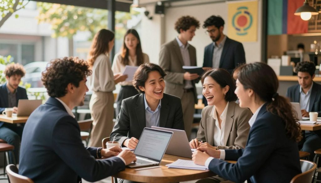 A vibrant and engaging scene illustrating community building through interaction. In the foreground, a diverse group of three to four individuals in professional business attire gather around a cafe table, enthusiastically discussing ideas and sharing laughter. In the middle ground, we see more people engaging in various activities, such as working on laptops, networking, and sharing materials, showing collaboration and connection. The background features a cozy outdoor setting with trees and colorful banners that symbolize unity. Soft, warm sunlight enhances the approachable atmosphere, with a slight bokeh effect to add depth. The lens used is a wide-angle shot to encapsulate the dynamic essence of community engagement. The overall mood is optimistic, collaborative, and inviting, capturing the spirit of building relationships through participation.